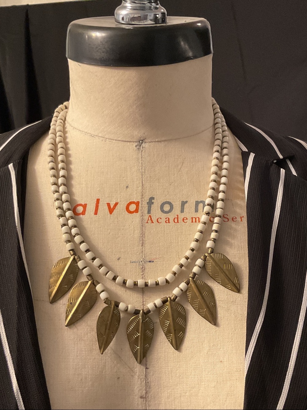 Beaded Leaf Pendant Necklace in Cream and Gold